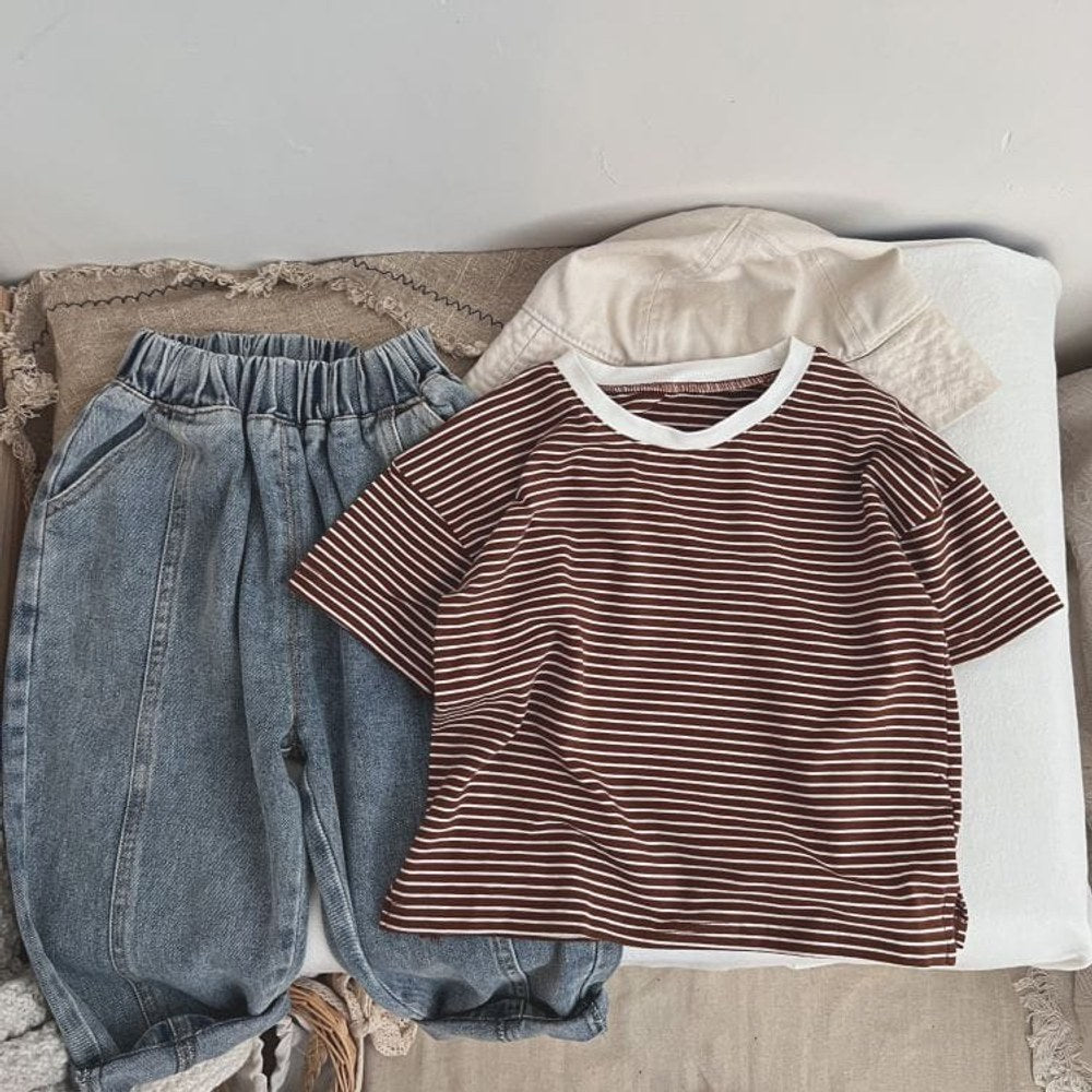 Baby Boy And Girl Striped Pattern Neck Color Matching Design O-Neck T-Shirt