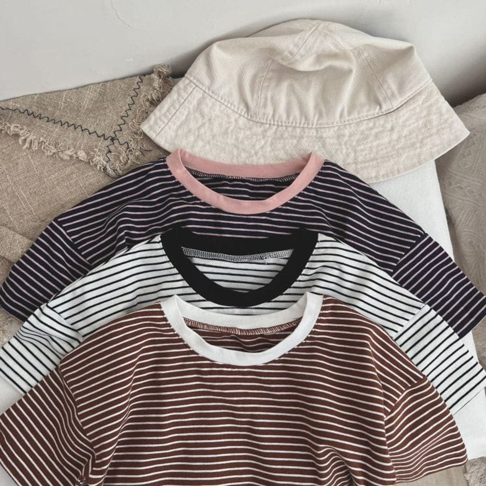 Baby Boy And Girl Striped Pattern Neck Color Matching Design O-Neck T-Shirt