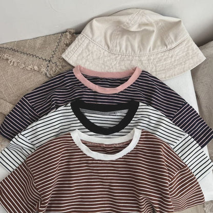 Baby Boy And Girl Striped Pattern Neck Color Matching Design O-Neck T-Shirt
