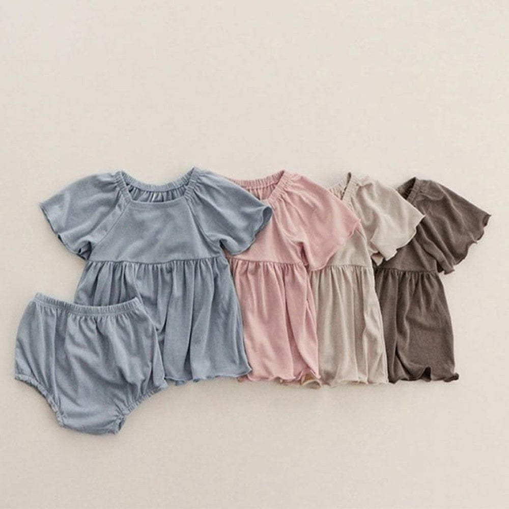 Baby Girl Solid Color Ruffle Design Square Collar Tops Combo Shorts Sets