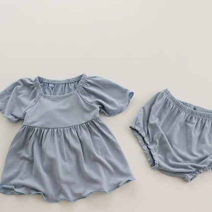 Baby Girl Solid Color Ruffle Design Square Collar Tops Combo Shorts Sets