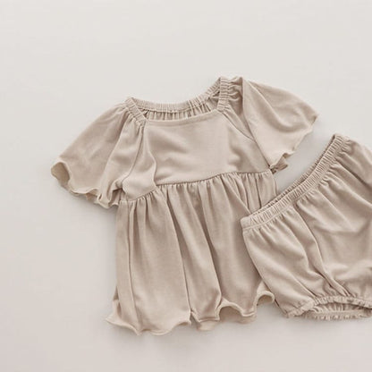Baby Girl Solid Color Ruffle Design Square Collar Tops Combo Shorts Sets