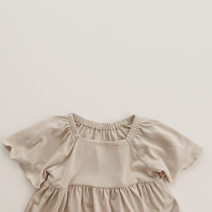 Baby Girl Solid Color Ruffle Design Square Collar Tops Combo Shorts Sets