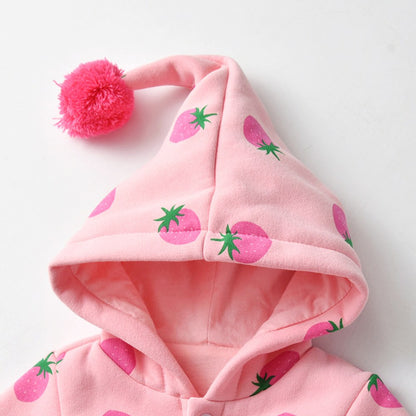 Baby Girl Strawberries Pattern Button Front Double Quilted Romper With Hat