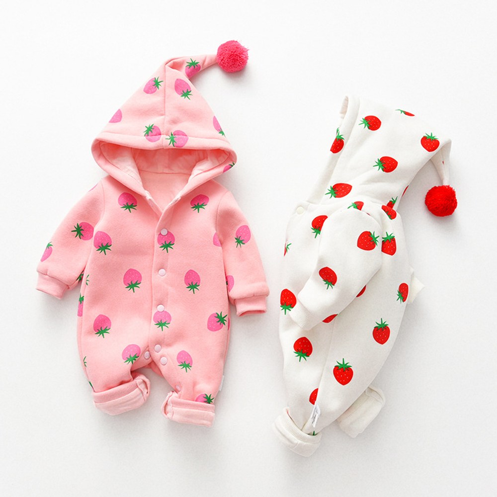 Baby Girl Strawberries Pattern Button Front Double Quilted Romper With Hat