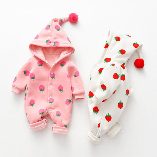 Baby Girl Strawberries Pattern Button Front Double Quilted Romper With Hat