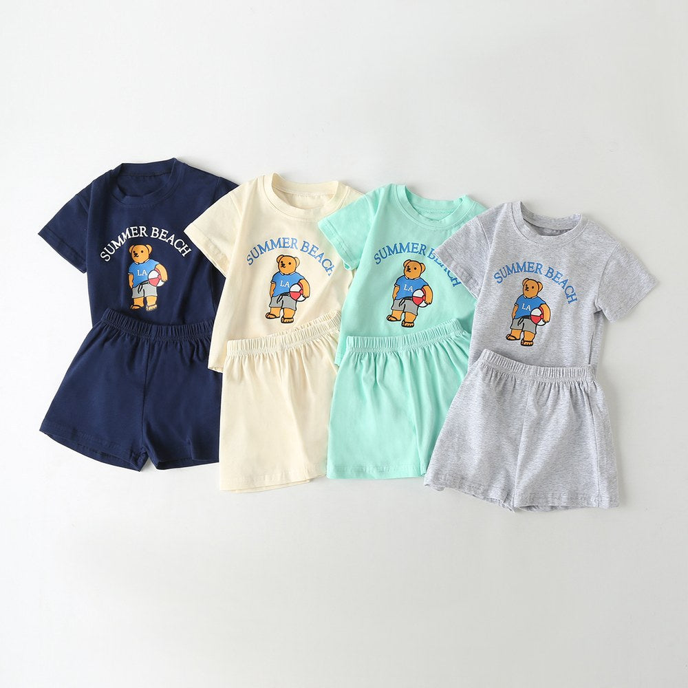 Baby Cartoon Bear & Letters Graphic O-Neck Tee Combo Solid Shorts Sets
