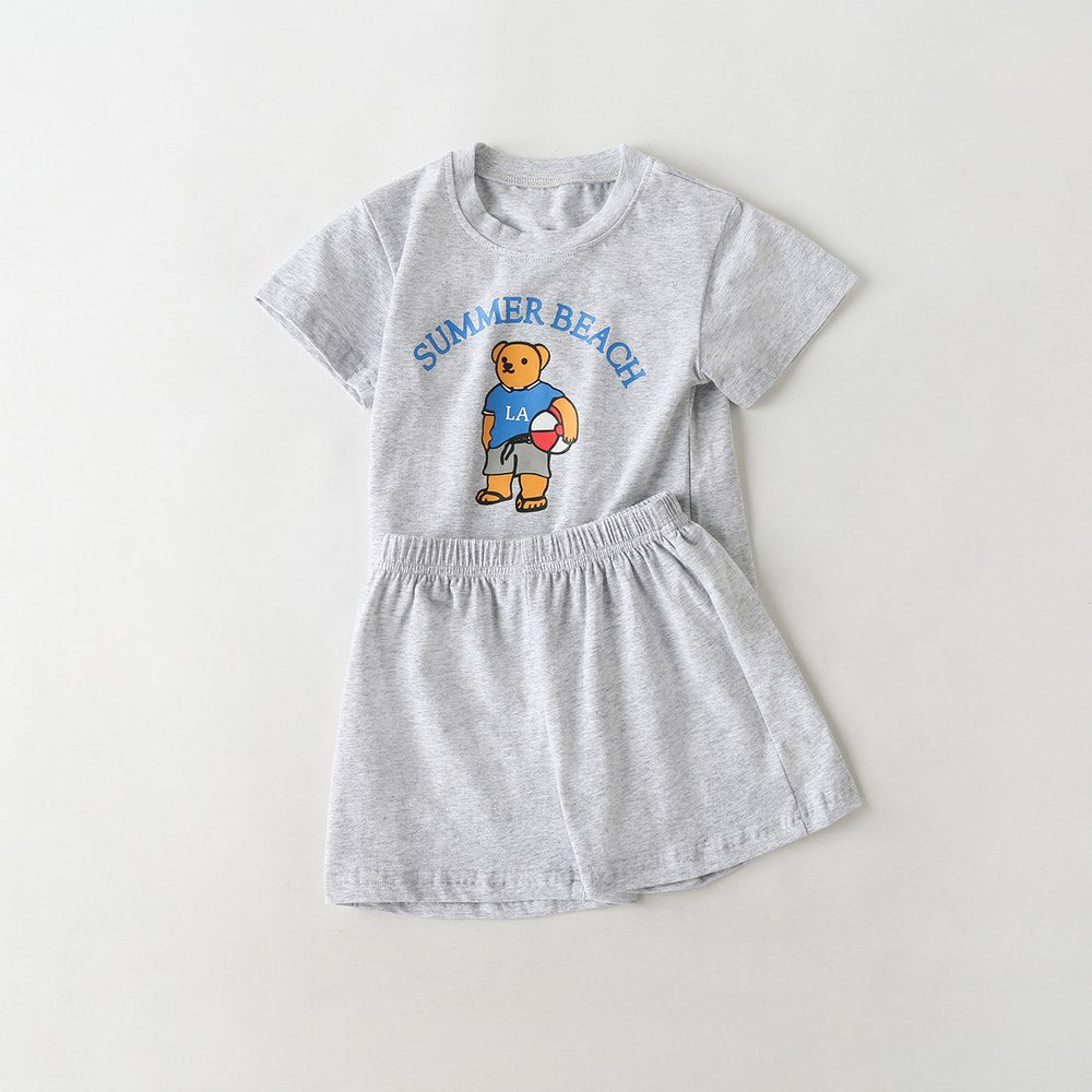 Baby Cartoon Bear & Letters Graphic O-Neck Tee Combo Solid Shorts Sets