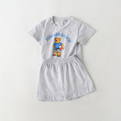 Baby Cartoon Bear & Letters Graphic O-Neck Tee Combo Solid Shorts Sets