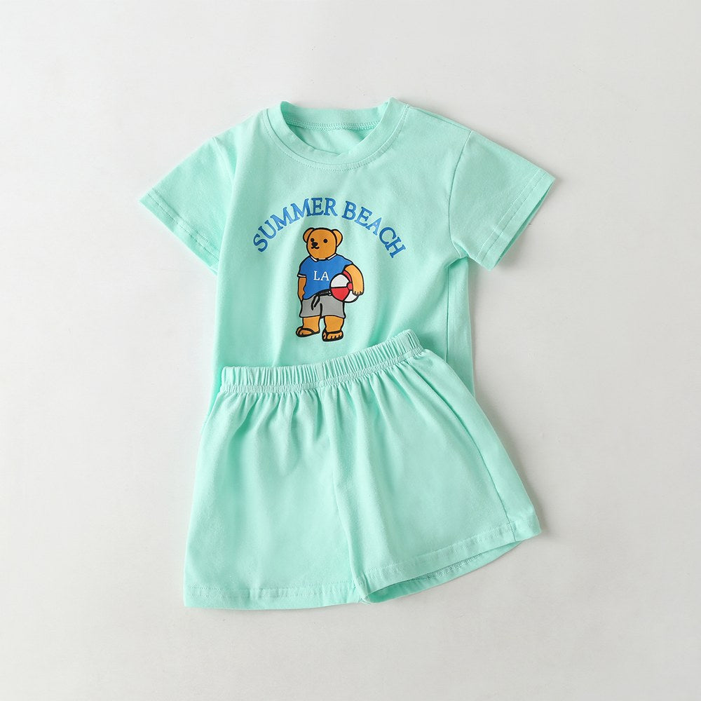 Baby Cartoon Bear & Letters Graphic O-Neck Tee Combo Solid Shorts Sets