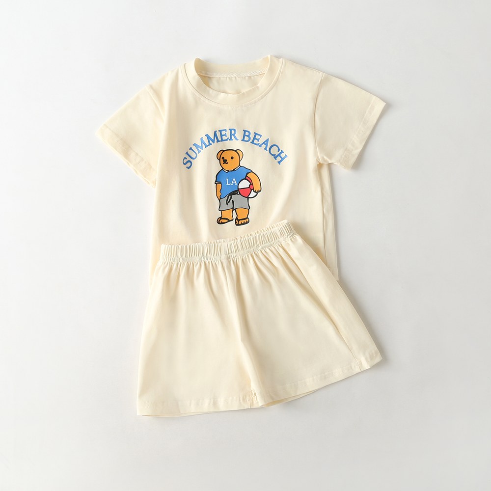 Baby Cartoon Bear & Letters Graphic O-Neck Tee Combo Solid Shorts Sets
