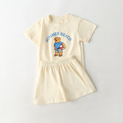 Baby Cartoon Bear & Letters Graphic O-Neck Tee Combo Solid Shorts Sets