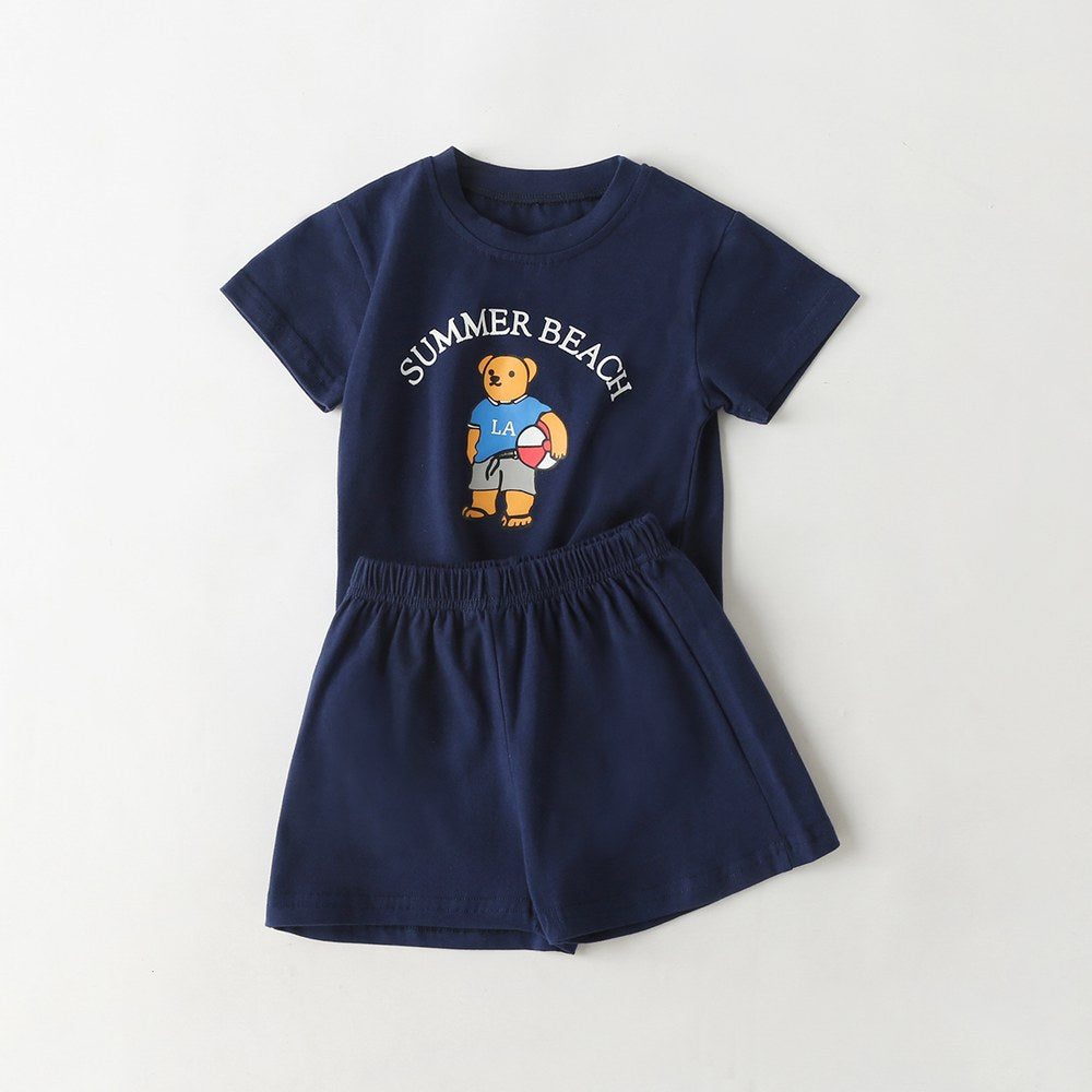 Baby Cartoon Bear & Letters Graphic O-Neck Tee Combo Solid Shorts Sets