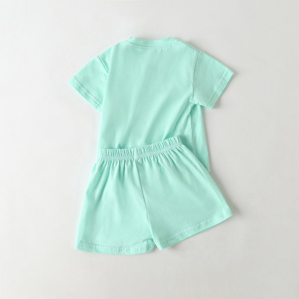 Baby Cartoon Bear & Letters Graphic O-Neck Tee Combo Solid Shorts Sets