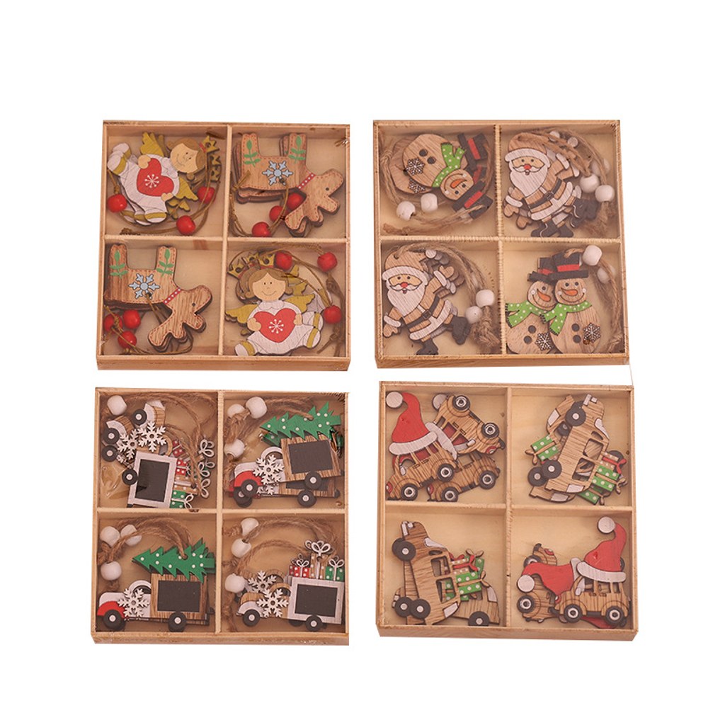 Christmas Cartoon Wooden Pendant Decoration Tree Jewelry 1Box=12Pieces
