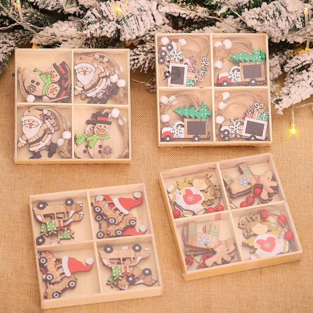 Christmas Cartoon Wooden Pendant Decoration Tree Jewelry 1Box=12Pieces