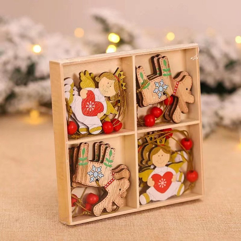Christmas Cartoon Wooden Pendant Decoration Tree Jewelry 1Box=12Pieces