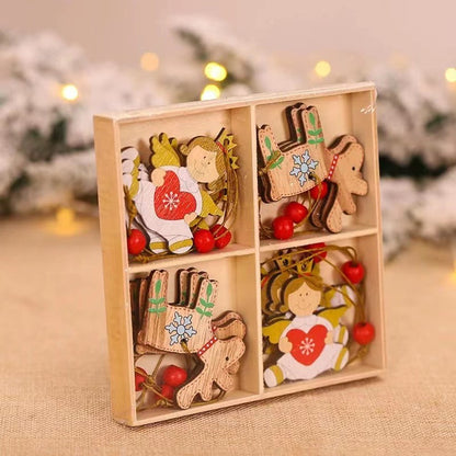 Christmas Cartoon Wooden Pendant Decoration Tree Jewelry 1Box=12Pieces