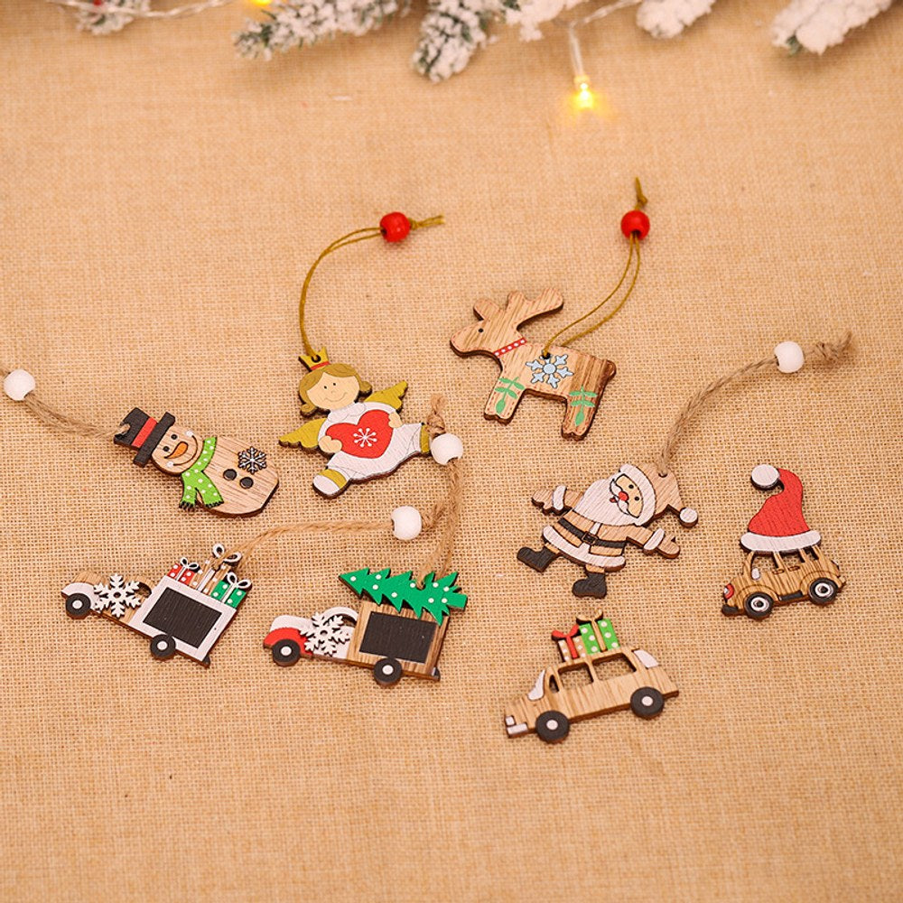 Christmas Cartoon Wooden Pendant Decoration Tree Jewelry 1Box=12Pieces