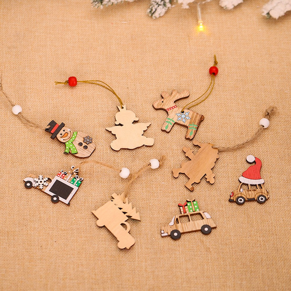Christmas Cartoon Wooden Pendant Decoration Tree Jewelry 1Box=12Pieces