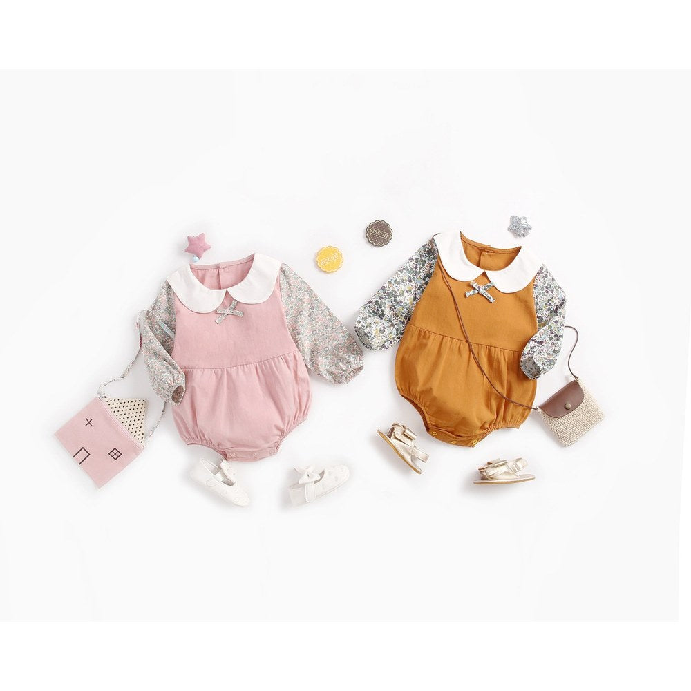 Baby Girl Floral Pattern Doll Neck False 2-Piece Design Cute Bodysuit Bodysuit