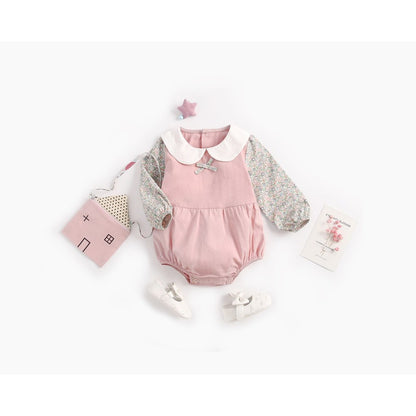 Baby Girl Floral Pattern Doll Neck False 2-Piece Design Cute Bodysuit Bodysuit