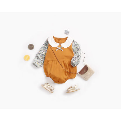Baby Girl Floral Pattern Doll Neck False 2-Piece Design Cute Bodysuit Bodysuit