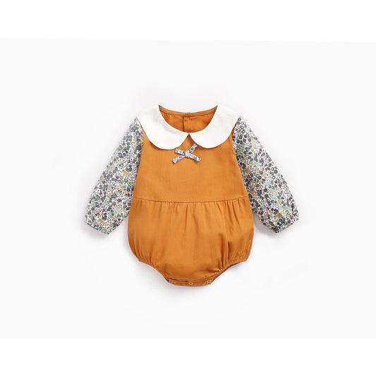 Baby Girl Floral Pattern Doll Neck False 2-Piece Design Cute Bodysuit Bodysuit