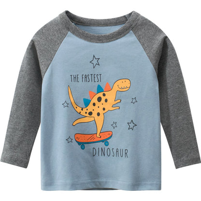 Baby Boy Cartoon Dinosaur Pattern Contrast Design Thin Style Cotton Shirt