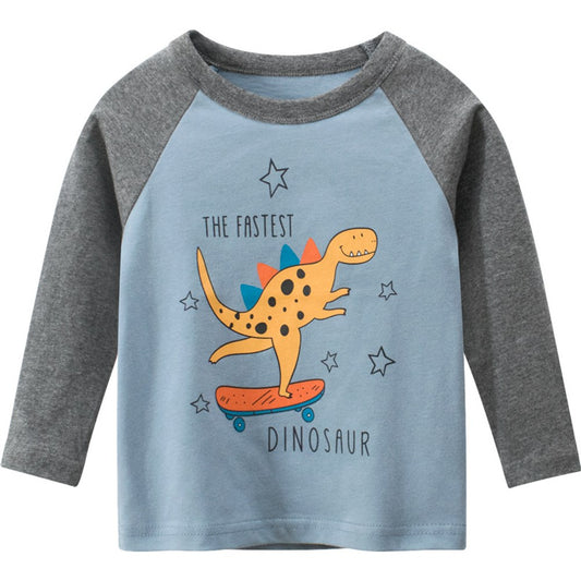 Baby Boy Cartoon Dinosaur Pattern Contrast Design Thin Style Cotton Shirt