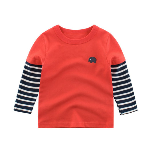 Baby Boy Cartoon Elephant Embroidered Pattern Striped Sleeves Shirt