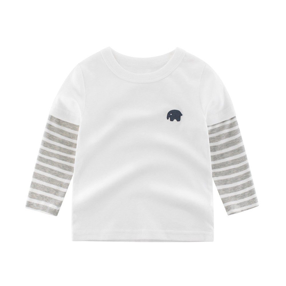 Baby Boy Cartoon Elephant Embroidered Pattern Striped Sleeves Shirt