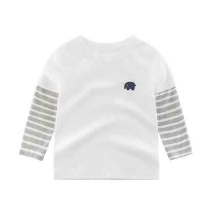 Baby Boy Cartoon Elephant Embroidered Pattern Striped Sleeves Shirt