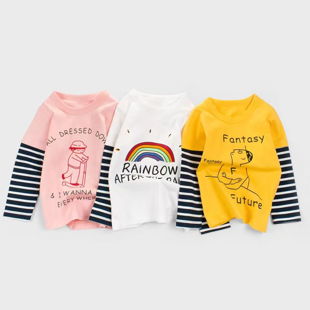 Baby Girl Cartoon & amp; Rainbow Pattern Striped Sleeves Design Thin Style Shirt