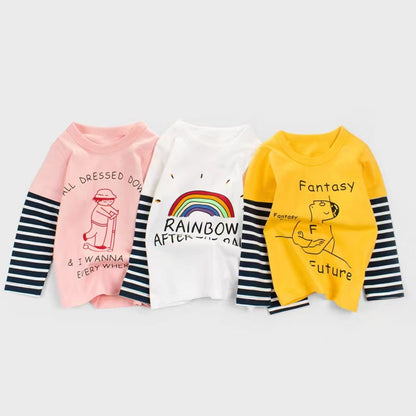 Baby Girl Cartoon & amp; Rainbow Pattern Striped Sleeves Design Thin Style Shirt