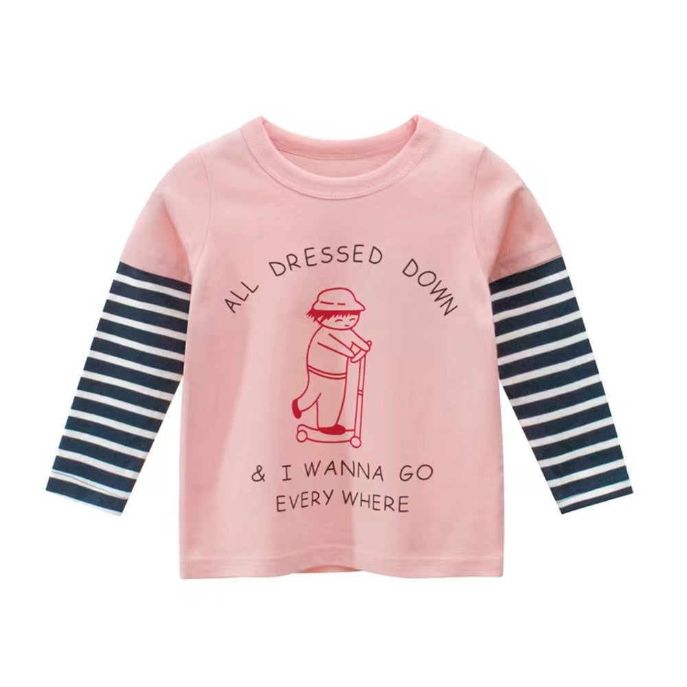 Baby Girl Cartoon & amp; Rainbow Pattern Striped Sleeves Design Thin Style Shirt