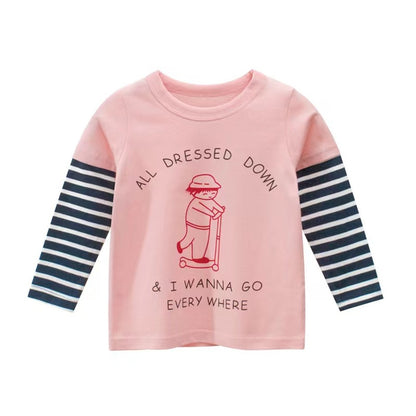 Baby Girl Cartoon & amp; Rainbow Pattern Striped Sleeves Design Thin Style Shirt