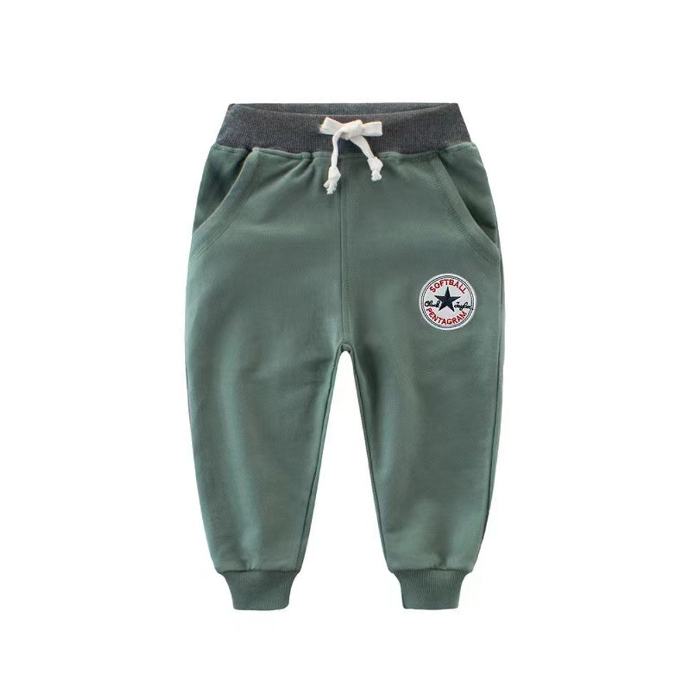 Baby Applique Embroidered Pattern Solid Color College Style Trousers