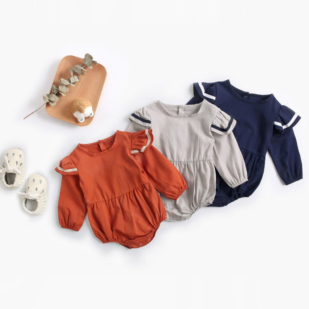 Baby Girl Solid Color Butterfly Sleeves Design Sailor Style Bodysuit Bodysuit