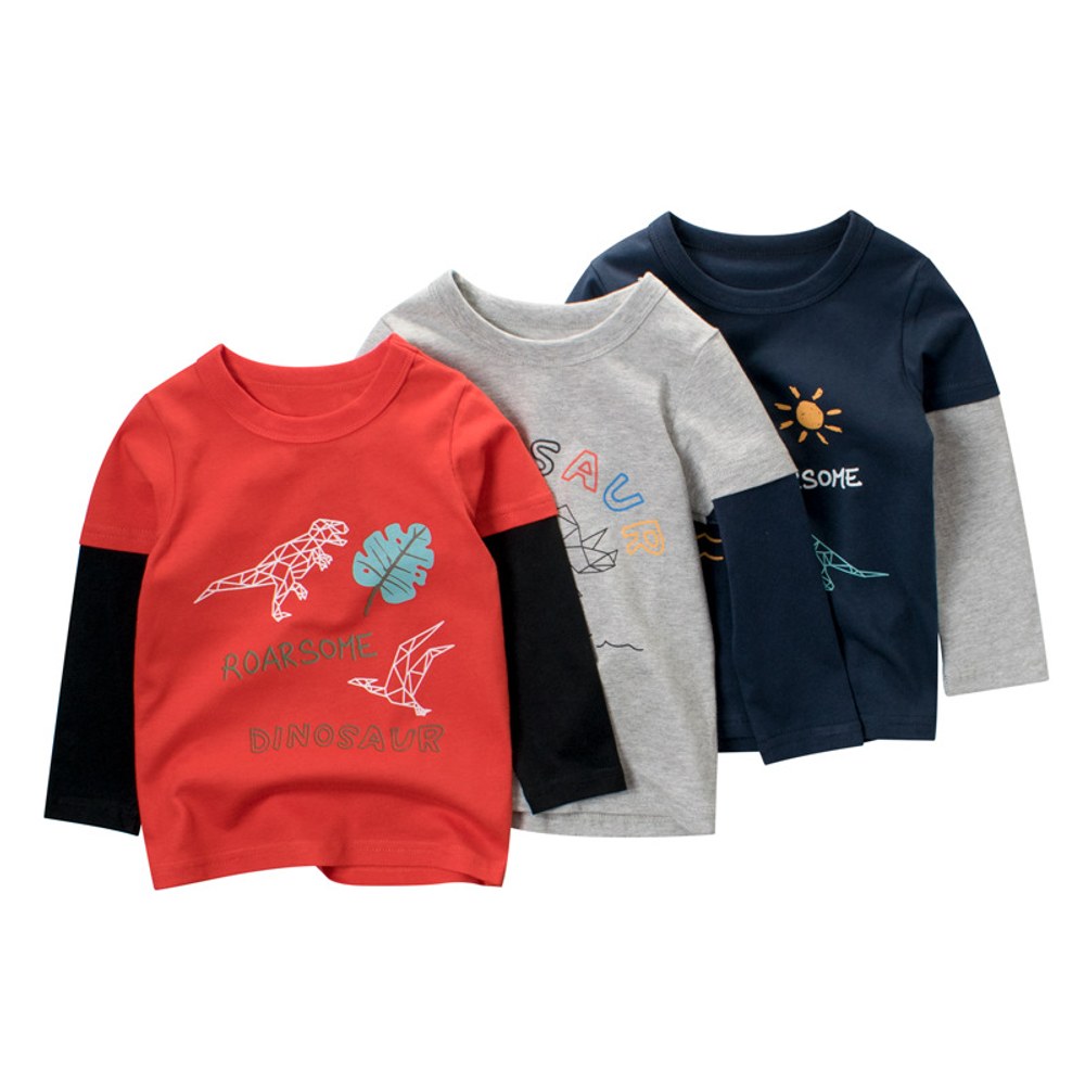 Baby Cartoon Dinosaur & amp; Slogan Graphic False 2 Pieces Design Cotton Shirt