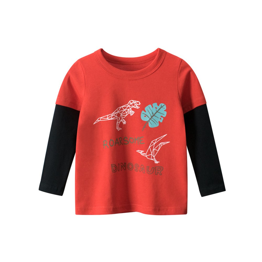 Baby Cartoon Dinosaur & amp; Slogan Graphic False 2 Pieces Design Cotton Shirt