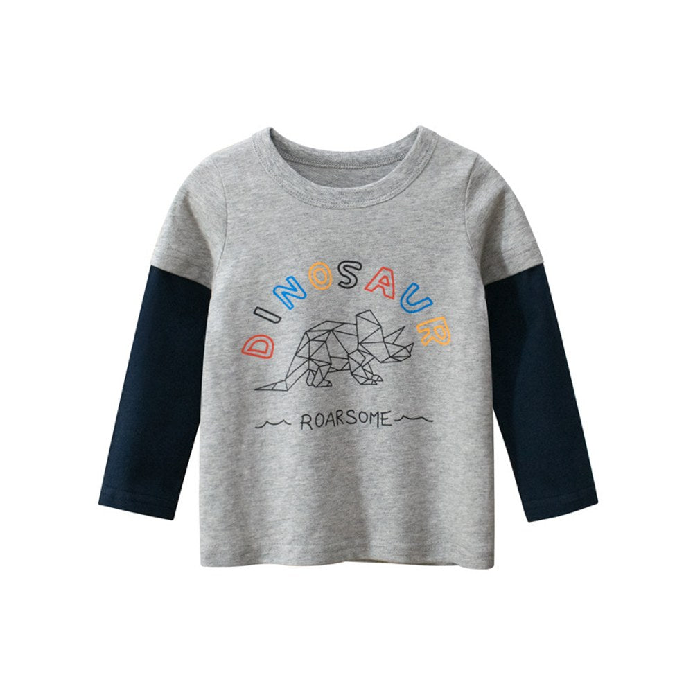 Baby Cartoon Dinosaur & amp; Slogan Graphic False 2 Pieces Design Cotton Shirt