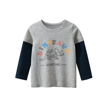 Baby Cartoon Dinosaur & amp; Slogan Graphic False 2 Pieces Design Cotton Shirt