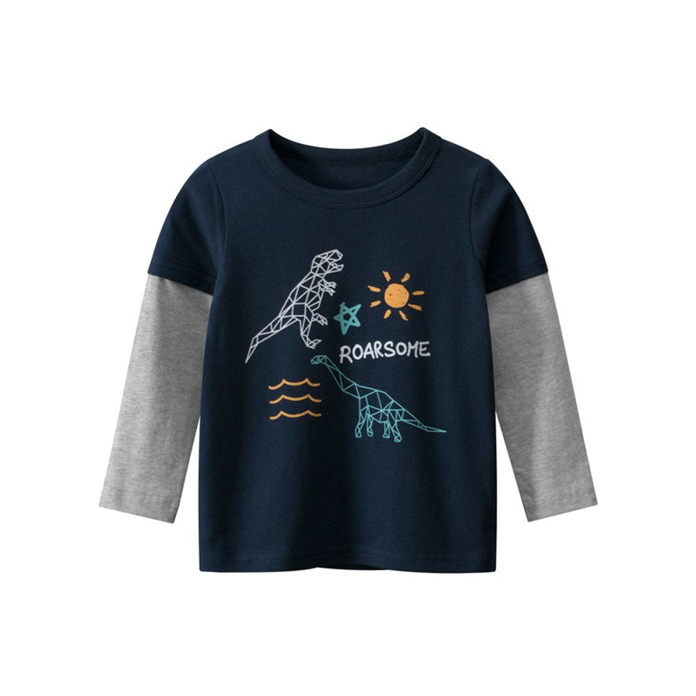 Baby Cartoon Dinosaur & amp; Slogan Graphic False 2 Pieces Design Cotton Shirt