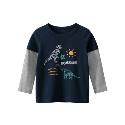 Baby Cartoon Dinosaur & amp; Slogan Graphic False 2 Pieces Design Cotton Shirt