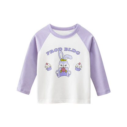 Baby Girl Cute Bunny Graphic Contrast Design Korean Style Cotton Shirt