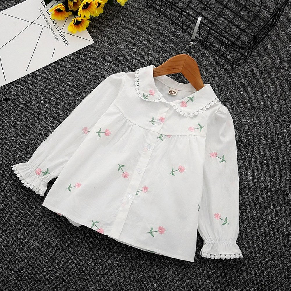 Baby Girl Floral Embroidery Graphic Single Breasted Lapel Sweet Shirt