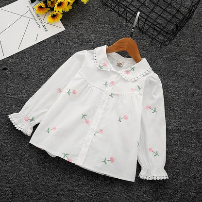 Baby Girl Floral Embroidery Graphic Single Breasted Lapel Sweet Shirt