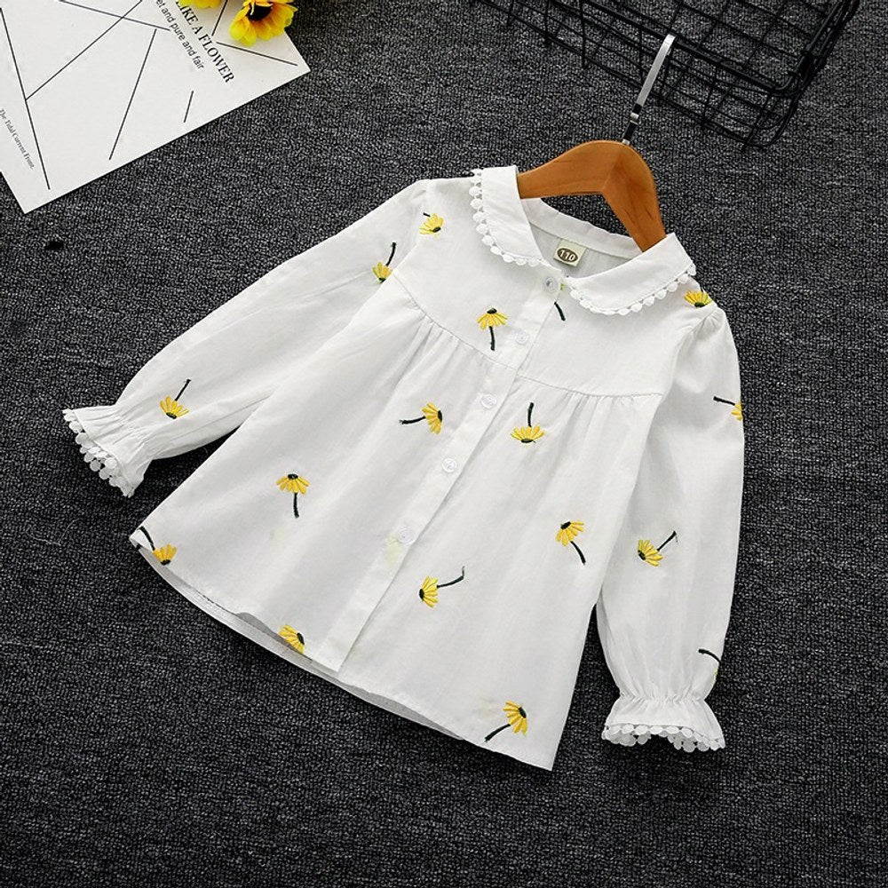 Baby Girl Floral Embroidery Graphic Single Breasted Lapel Sweet Shirt