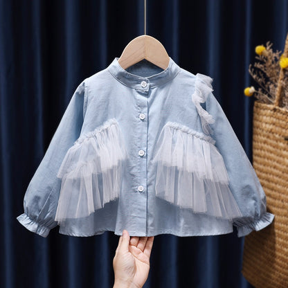 Baby Girl Solid Color Mesh Patched Design Puff Sleeves Fashion Shirt Doll Blouses